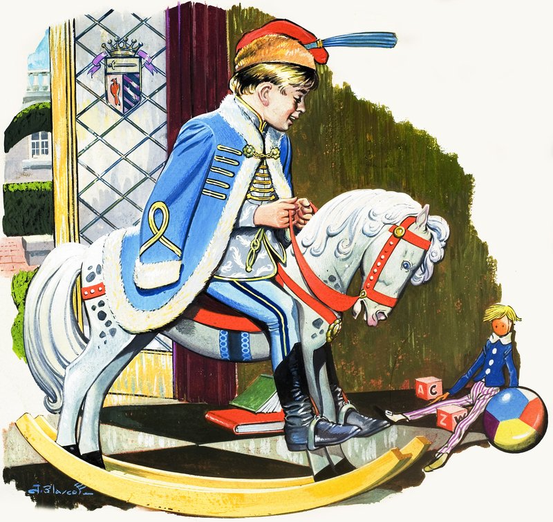 Chłopiec na bujanym koniu, ilustracja z "Teddy Bear" (gwasz na papierze) autorstwa Jesus Blasco