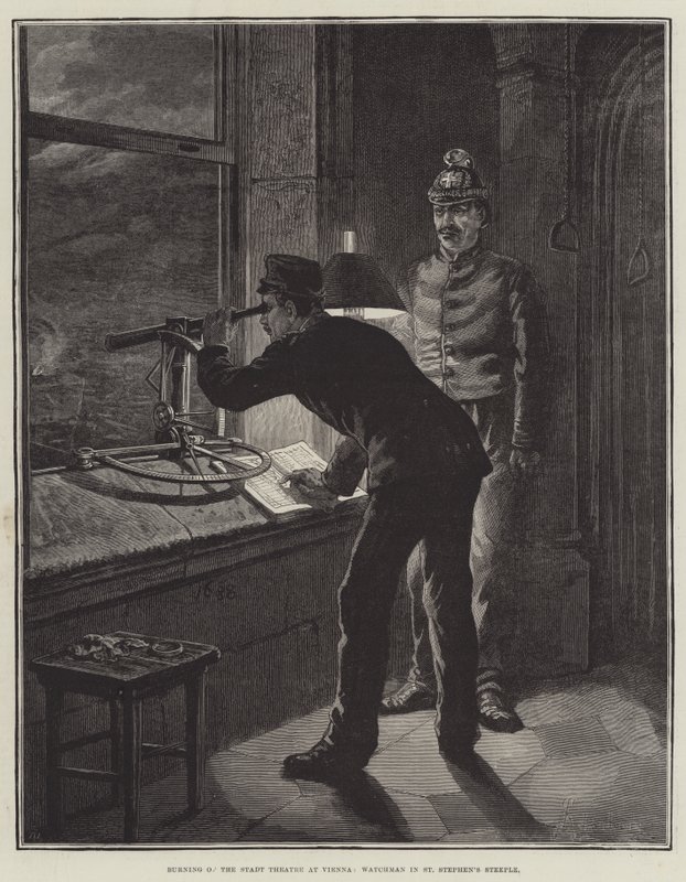 Spalenie Teatru Stadt w Wiedniu, Watchman w wieży św autorstwa Johann Nepomuk Schonberg