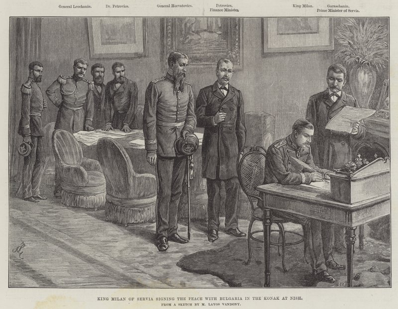 Król Serbski Mediolan podpisuje pokój z Bułgarią w Konaku w Niszu autorstwa Johann Nepomuk Schonberg