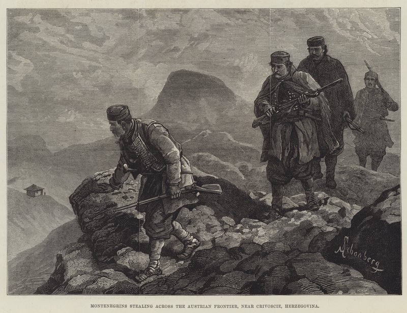 Czarnogórcy kradnący przez granicę austriacką, w pobliżu Crivoscie, Hercegowina autorstwa Johann Nepomuk Schonberg