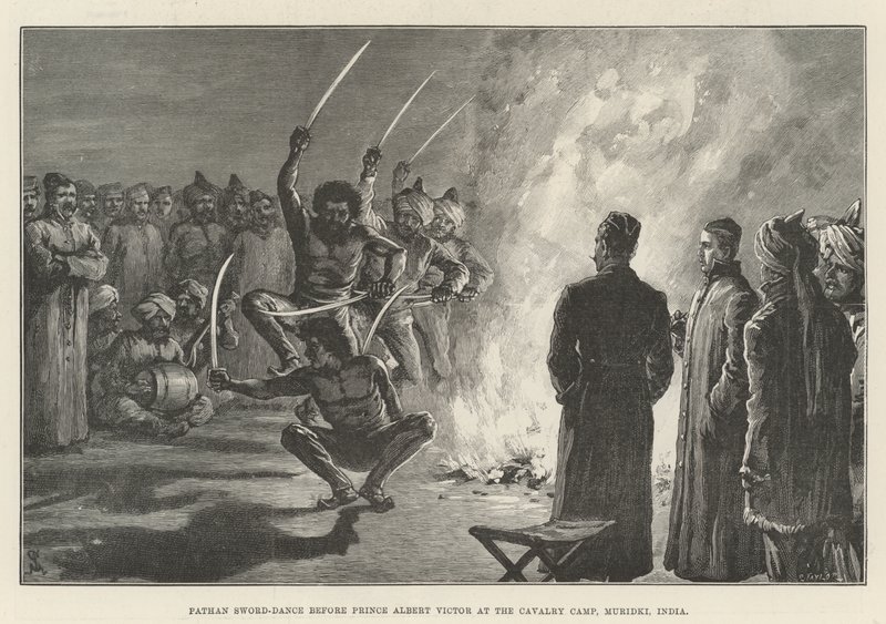 Pathan Sword-Dance przed księciem Albertem Victorem w obozie kawalerii, Muridki, Indie autorstwa Johann Nepomuk Schonberg