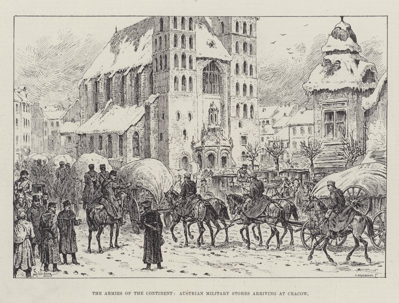 Armie kontynentu, austriackie zapasy wojskowe przybywające do Krakowa autorstwa Johann Nepomuk Schonberg