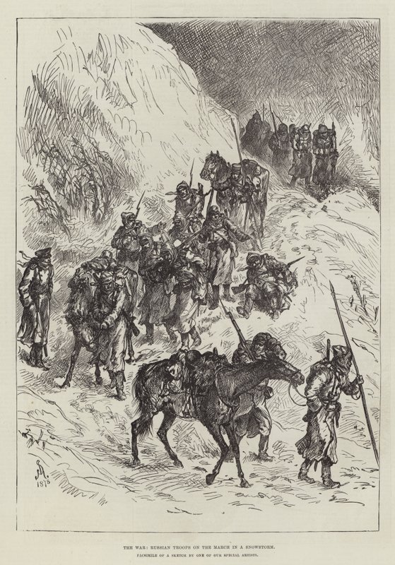 Wojna, wojska rosyjskie w marszu w śnieżycy autorstwa Johann Nepomuk Schonberg