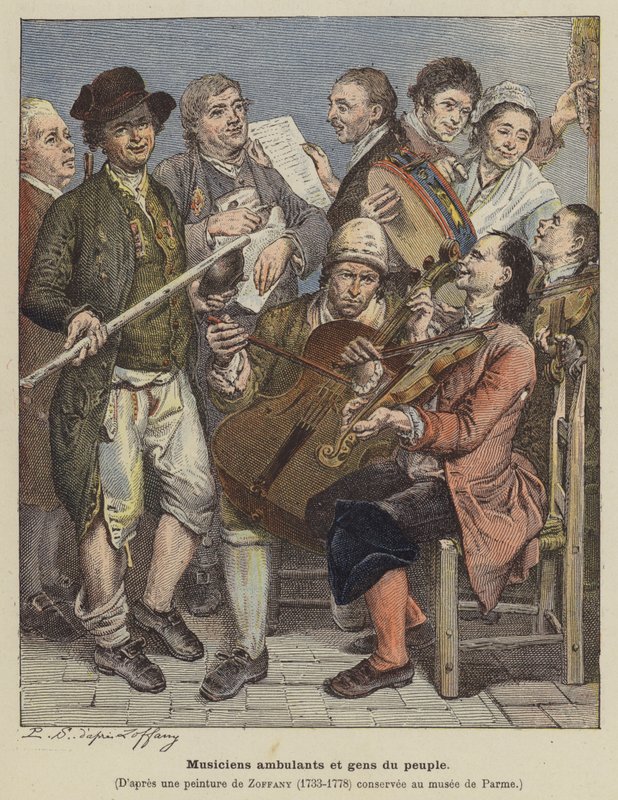 Podróżujący muzycy i zwykli ludzie (litografia kolorowa) autorstwa Johann (after) Zoffany