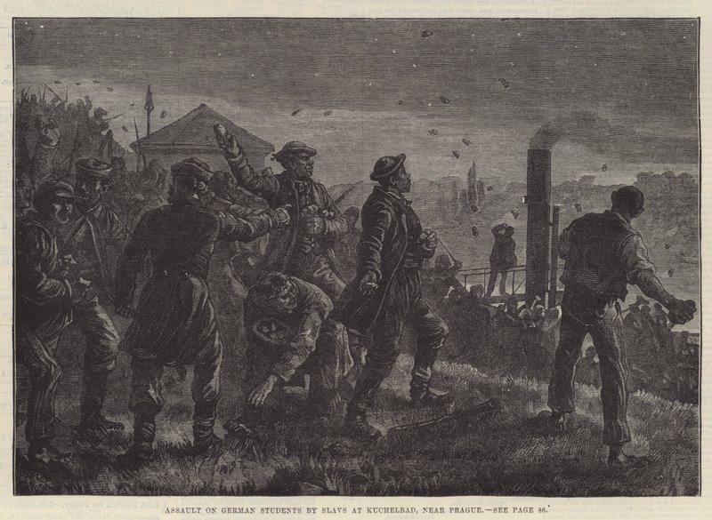 Napaść na niemieckich studentów przez Słowian w Kuchelbad koło Pragi (rycina) autorstwa Johann Nepomuk (after) Schonberg