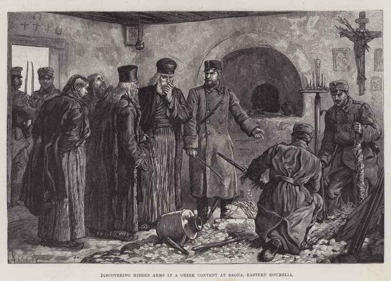 Odkrywanie ukrytych broni w greckim klasztorze w Bagna we Wschodniej Rumelii autorstwa Johann Nepomuk Schonberg