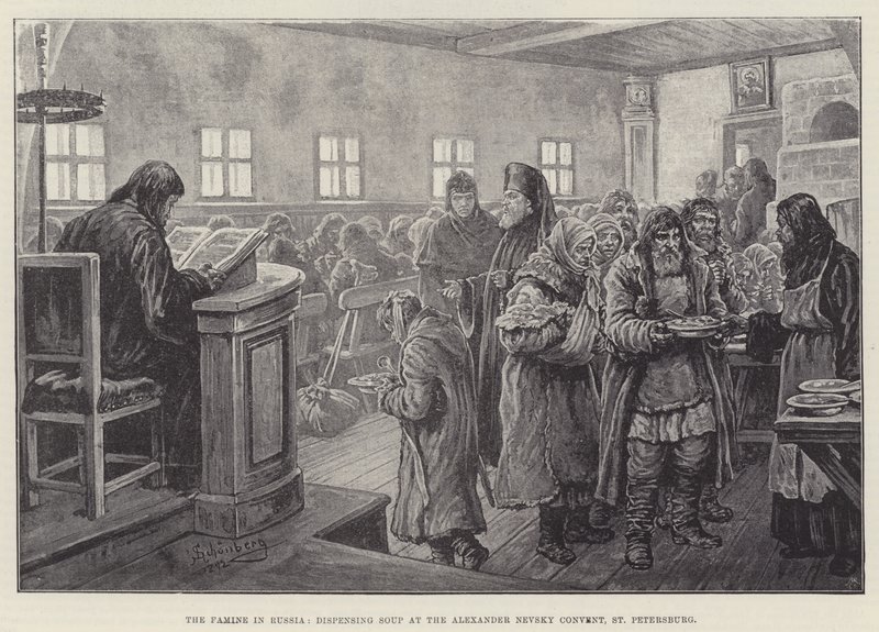 Głód w Rosji, wydawanie zupy w klasztorze Aleksandra Newskiego w Petersburgu autorstwa Johann Nepomuk Schonberg