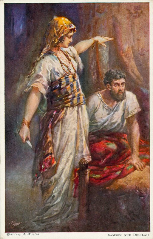 Samson i Delilah (kolorowa litografia) autorstwa Johannes Adolf Tillack