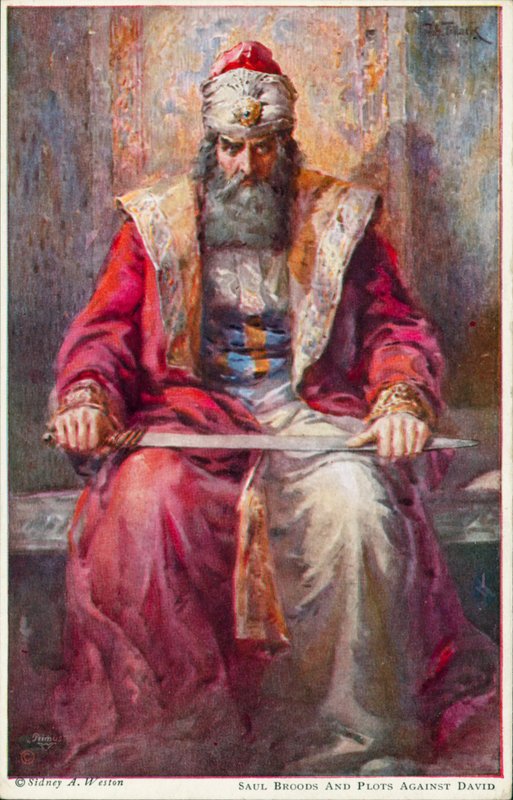 Saul rozmyśla i knuje przeciwko Dawidowi (kolorowa litografia) autorstwa Johannes Adolf Tillack