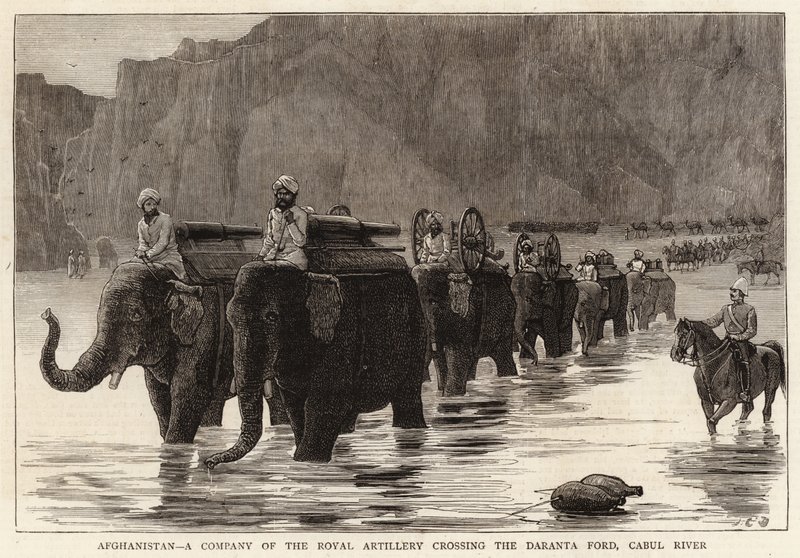 Afganistan , Kompania Królewskiej Artylerii przekraczającej Daranta Ford , Cabul River autorstwa John Charles Dollman