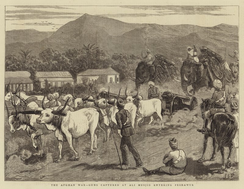 Wojna w Afganistanie, Guns schwytany w Ali Musjid wchodzący do Peshawur autorstwa John Charles Dollman