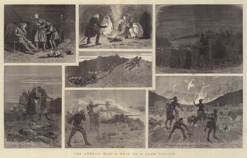 Wojna w Afganistanie, najazd na wioskę w jaskini autorstwa John Charles Dollman