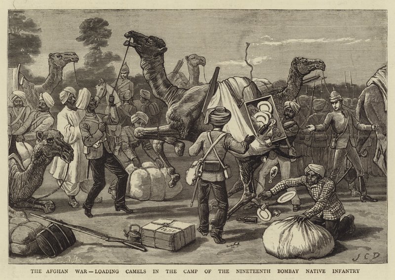 Wojna afgańska, ładowanie wielbłądów w obozie dziewiętnastej piechoty Indian Bombaju autorstwa John Charles Dollman