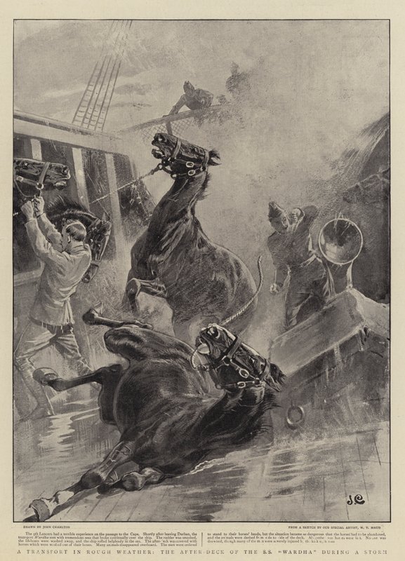 Transport w trudnych warunkach pogodowych, rufowy pokład SS Wardha podczas burzy autorstwa John Charlton