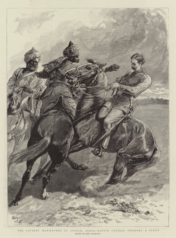 Manewry kawalerii w Attock w Indiach, miejscowa kawaleria zatrzymała zwiadowcę autorstwa John Charlton