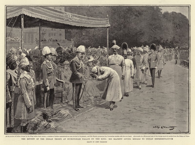 Przegląd wojsk indyjskich w Pałacu Buckingham przez króla, Jego Wysokość wręcza medale przedstawicielom Indii autorstwa John Charlton