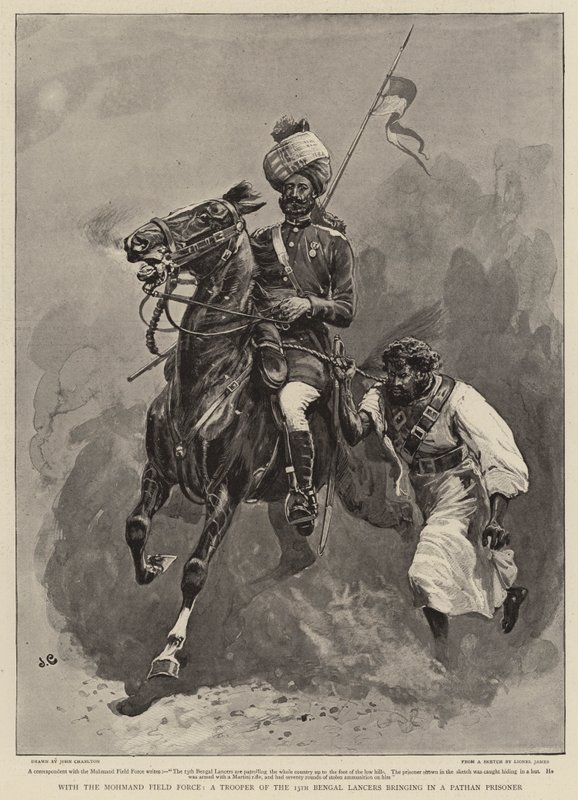 Z Mohmand Field Force, żołnierz 13. Bengal Lancers sprowadzający więźnia Pathan autorstwa John Charlton