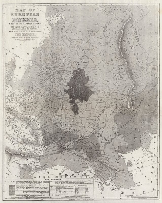 Mapa Rosji Europejskiej ukazująca jej najwcześniejszy zasięg, jej wpływy na sąsiednie kraje oraz obecne granice imperium autorstwa John Dower