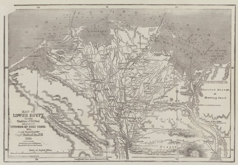 Mapa Dolnego Egiptu, pokazująca linie kolejowe i przewidywany przesmyk Kanału Sueskiego autorstwa John Dower