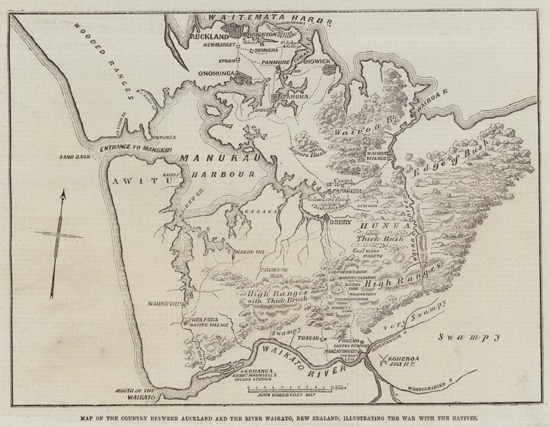 Mapa kraju pomiędzy Auckland i rzeką Waikato, Nowa Zelandia, ilustrująca wojnę z tubylcami autorstwa John Dower