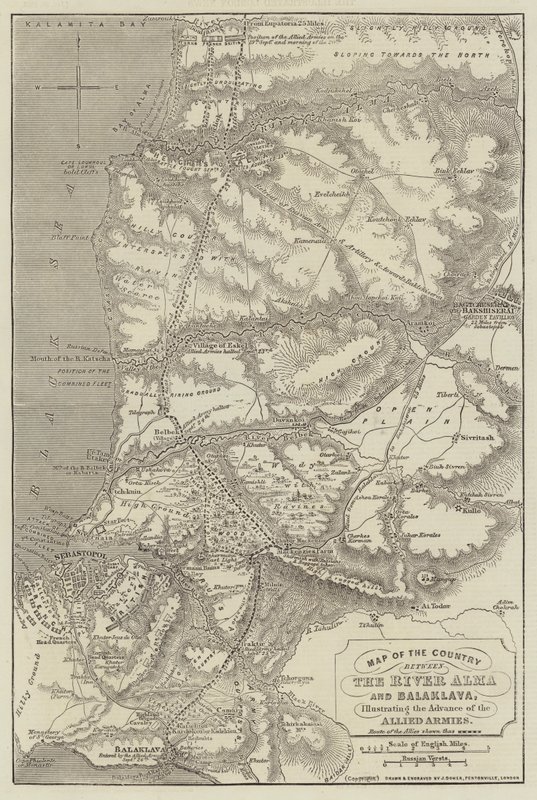 Mapa kraju między rzeką Alma a Balaklava, ilustrująca Natarcie Armii Sprzymierzonych autorstwa John Dower