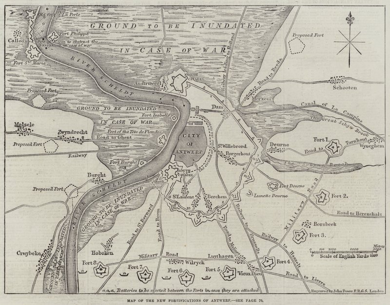 Mapa Nowych Fortyfikacji Antwerpii autorstwa John Dower