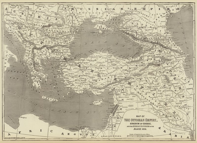 Mapa Imperium Osmańskiego, Królestwa Grecji i rosyjskich prowincji nad Morzem Czarnym autorstwa John Dower