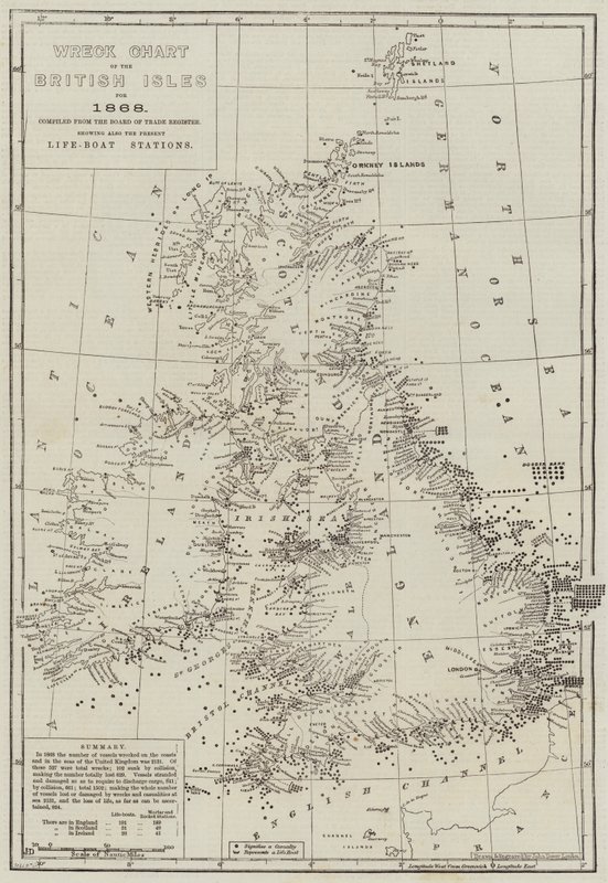 Mapa wraków Wysp Brytyjskich na rok 1868 autorstwa John Dower