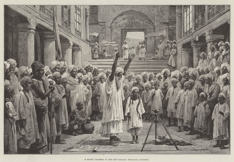 Zaklinacz węży na Nowym Bazarze, Srinagar, Kaszmir autorstwa John Edward Goodall