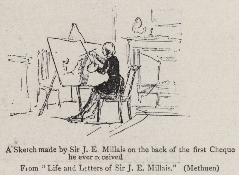 Szkic wykonany przez Sir JE Millaisa na odwrocie pierwszego czeku, jaki kiedykolwiek otrzymał autorstwa John Everett Millais