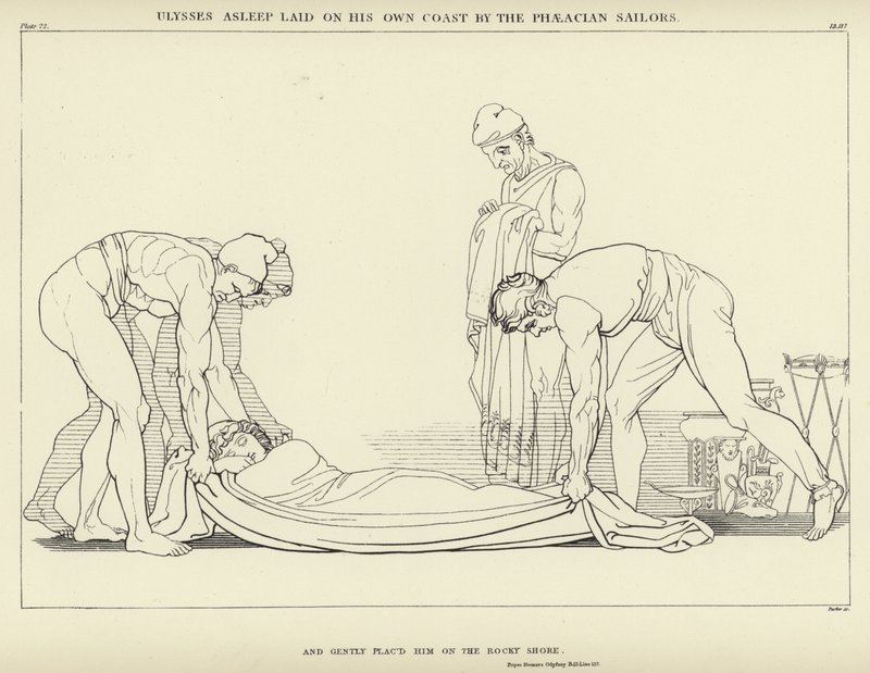 Ulisses śpi ułożony na swoim Wybrzeżu przez Żeglarzy z Phaeacian autorstwa John Flaxman