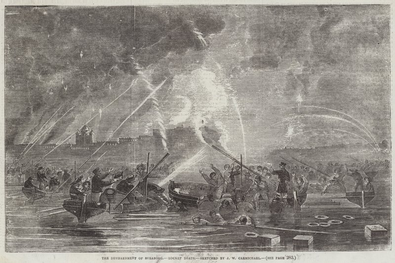 Bombardowanie Sveaborga, łodzie rakietowe autorstwa John Wilson Carmichael
