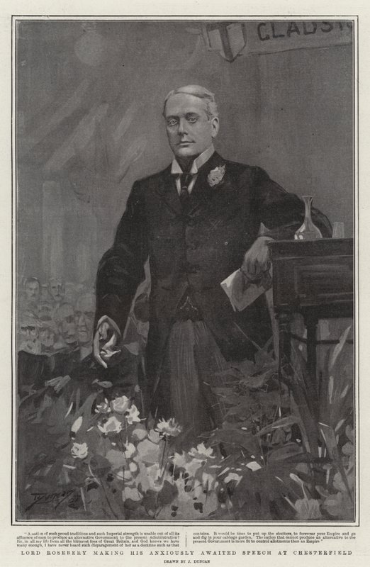 Lord Rosebery wygłasza swoją niecierpliwie oczekiwaną przemowę w Chesterfield autorstwa after John Duncan