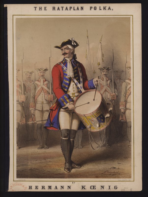 Polka z rataplanu, Hermann Koenig, okładka nuty wiktoriańskiej (kolor lito) autorstwa John (after) Brandard