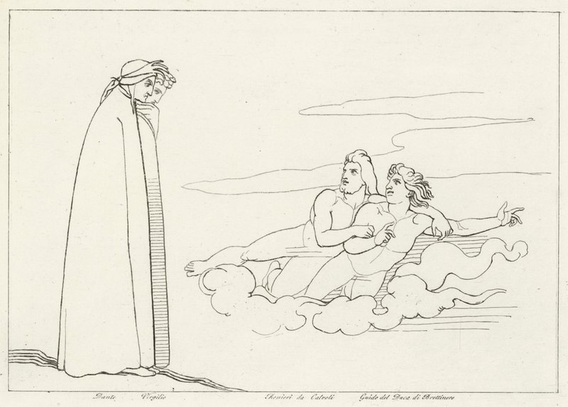 Rozmowa z Guido Di Brettinoro, Czyściec, Canto 14 (rycina) autorstwa John (after) Flaxman