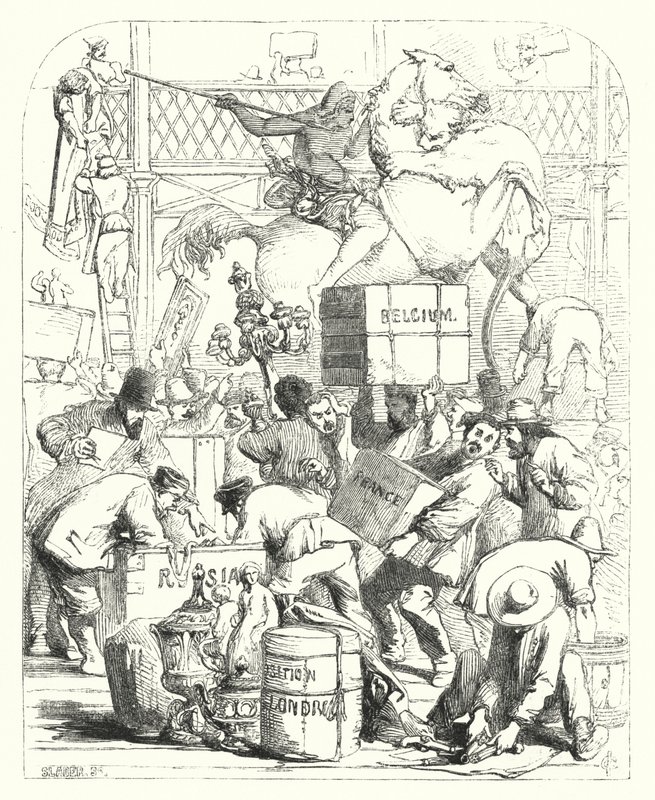 Przybycie towarów, które mają być wystawiane na wielkiej wystawie z 1851 r., Crystal Palace, Hyde Park, Londyn (grawerowanie) autorstwa John (after) Gilbert
