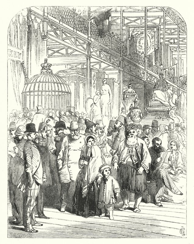 Wystawcy i zwiedzający w Crystal Palace, Hyde Park, Londyn, miejsce Wielkiej Wystawy z 1851 roku (grafika) autorstwa John (after) Gilbert