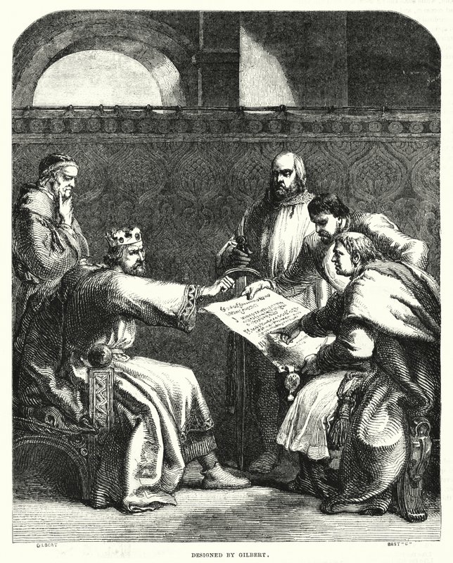 Król Jan odmawia podpisania Magna Charta w Oksfordzie w 1215 r. (grawerowanie) autorstwa John (after) Gilbert
