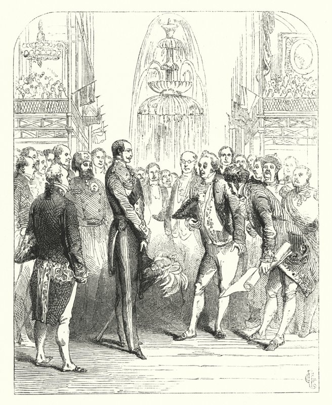 Książę Albert i komisarze królewscy na Wielkiej Wystawie w 1851 roku, Crystal Palace, Hyde Park, Londyn (grafika) autorstwa John (after) Gilbert