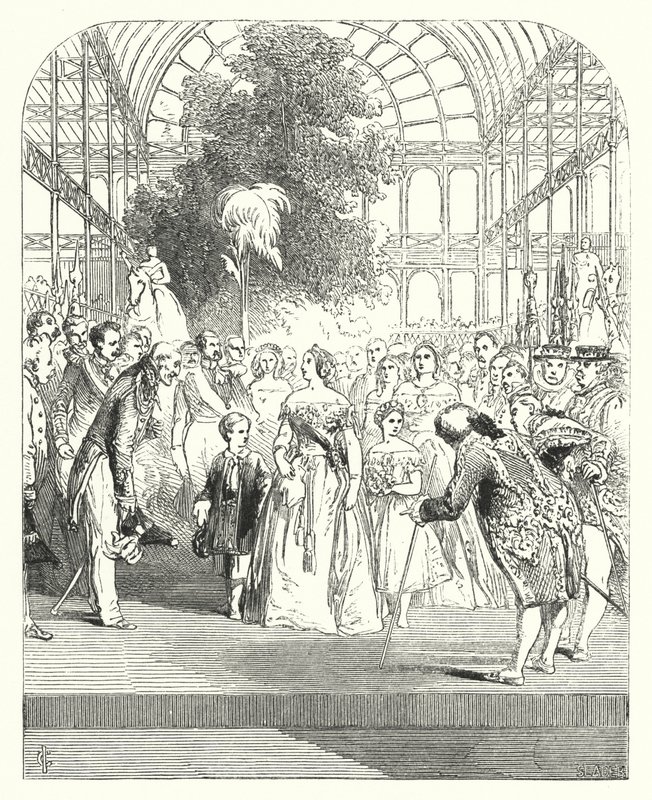 Królowa Wiktoria i jej dzieci zwiedzające Wielką Wystawę 1851, Crystal Palace, Hyde Park, Londyn (rycina) autorstwa John (after) Gilbert