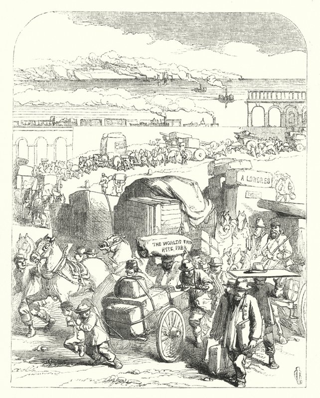 Statki i pociągi przywożące zwiedzających na Wielką Wystawę 1851, Crystal Palace, Hyde Park, Londyn (rycina) autorstwa John (after) Gilbert