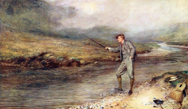 Łowienie pstrągów w Highlands (kolorowa litografia) autorstwa John (after) Pettie