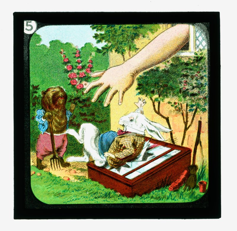 Alicja w Krainie Czarów, kolorowe slajdy z latarnią (zjeżdżalnia z latarnią) autorstwa John (after) Tenniel