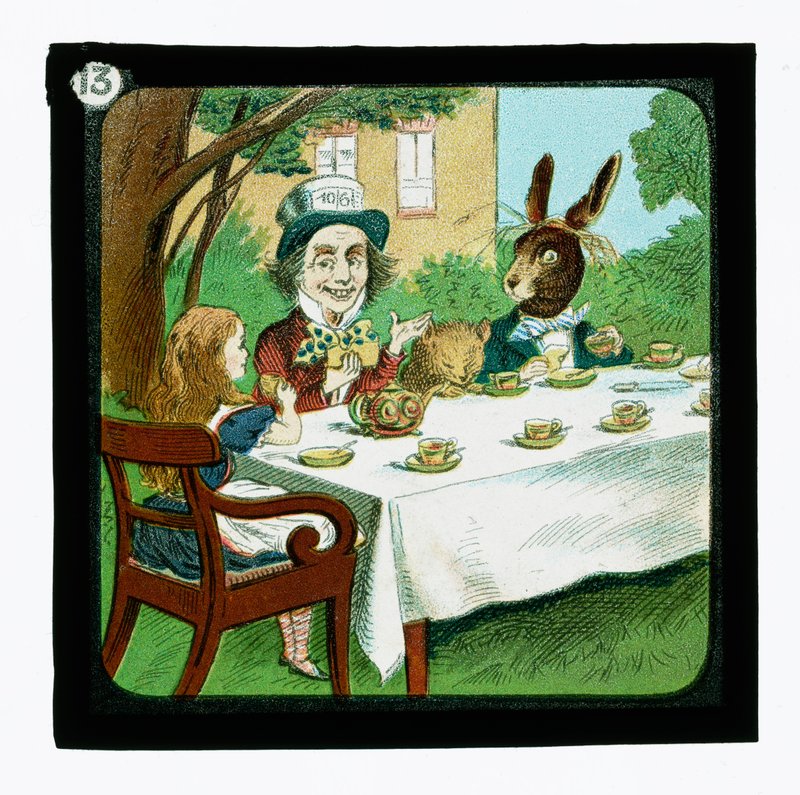 Alicja w Krainie Czarów, kolorowe slajdy z latarnią (zjeżdżalnia z latarnią) autorstwa John (after) Tenniel
