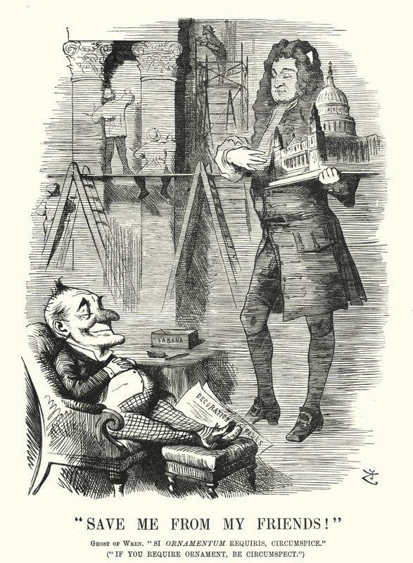 Punch cartoon: Save Me from My Friends - duch Sir Christophera Wrena i dekoracja katedry św. Pawła w Londynie (rycina) autorstwa John (after) Tenniel