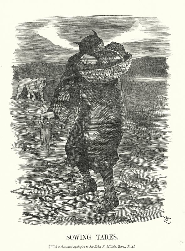 Punch cartoon: Sawing Tares – strach przed rozprzestrzenieniem się socjalizmu wśród brytyjskich robotników (grafika) autorstwa John (after) Tenniel