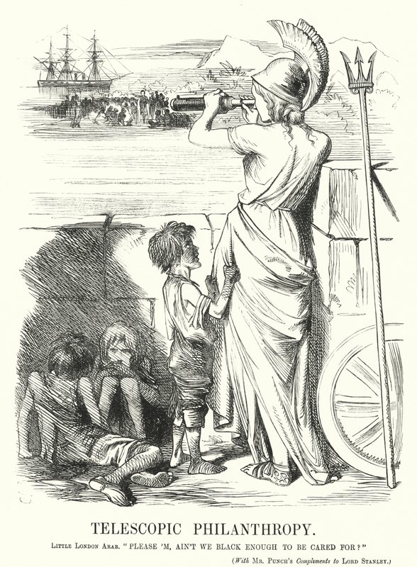 Punch cartoon: Telescopic Philanthropy - zajęcie wiktoriańskiej klasy średniej pomocą biednym za granicą, raczej opalenizna w domu (rycina) autorstwa John (after) Tenniel