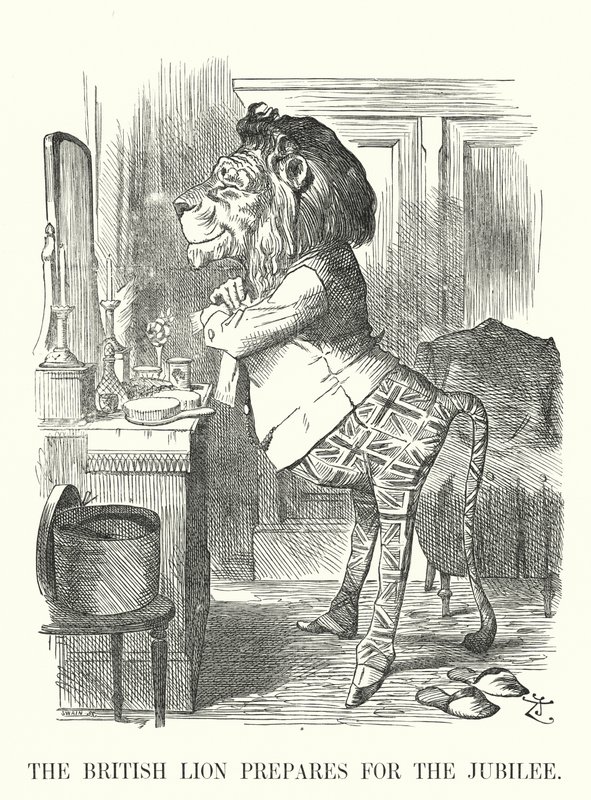Punch cartoon: The British Lion przygotowuje się do jubileuszu – Złoty Jubileusz Królowej Wiktorii autorstwa John (after) Tenniel