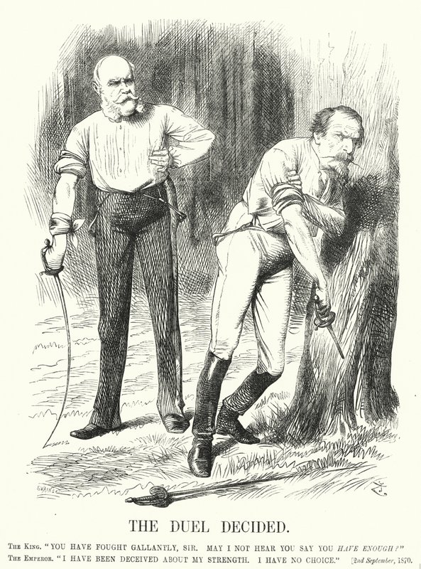 Punch cartoon: The Duel Decided - klęska Francji w wojnie francusko-pruskiej (rycina) autorstwa John (after) Tenniel