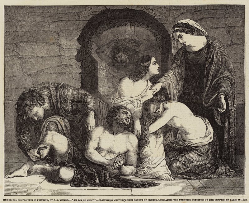 Kompozycja historyczna w malarstwie, akt miłosierdzia, Blanche z Kastylii, królowa regentka Francji, wyzwolenie więźniów zamkniętych przez kapitułę paryską, 1512 autorstwa John Alfred Vintner